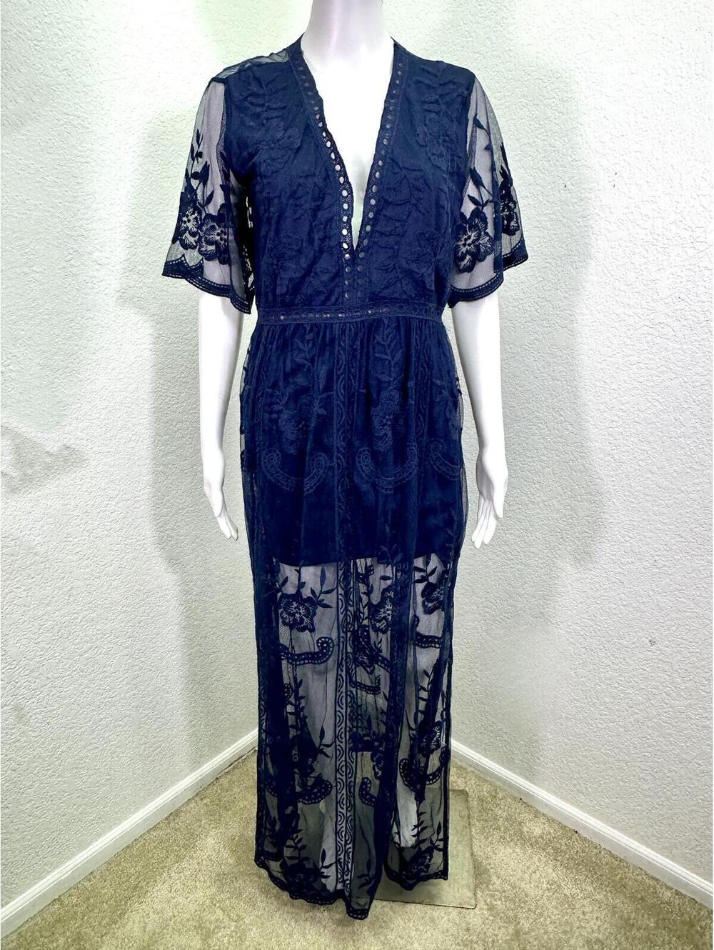 Sz L Eleter Navy Blue Lace Embroidered Mesh V-Neck Boho Maxi Romper